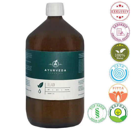 Premium Eladi Kera Thailam, 2DL- & 1 Liter Glasflaschen | Ayurveda Öle | Ayurveda Paradies Schweiz