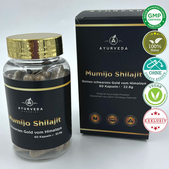 Original Mumijo Shilajit vegetarische Kapseln. Schwarzes Gold vom Himalaya im Ayurveda Paradies.