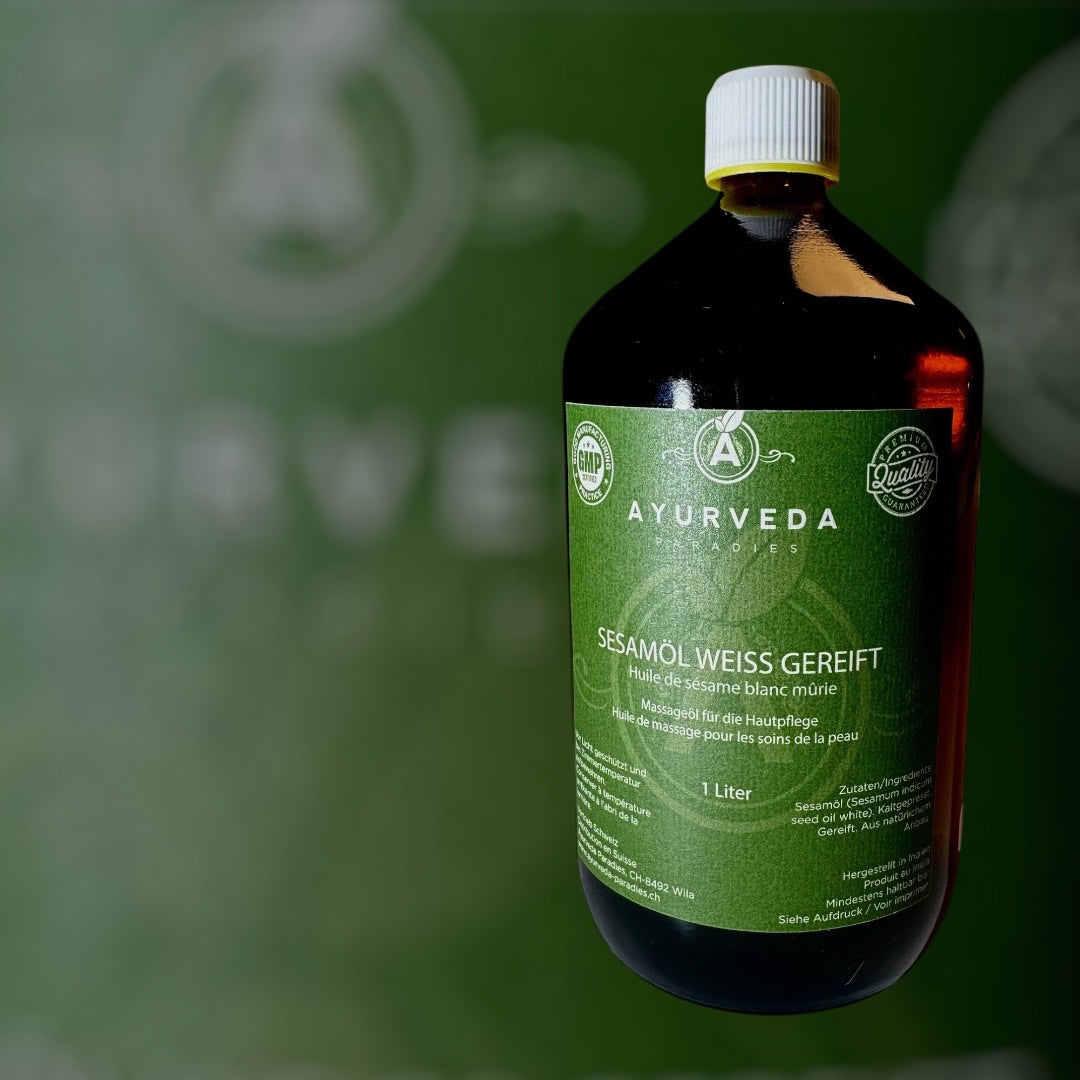 Premium Sesamöl Ayurveda Massage weiss gereift, kalt gepresst: 1 Liter Medizinal-Glasflasche