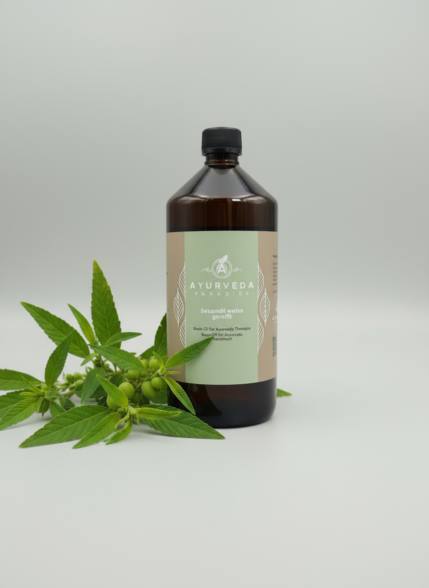 Premium sesame oil Ayurveda massage white matured, cold pressed: 1 liter medical glass bottle