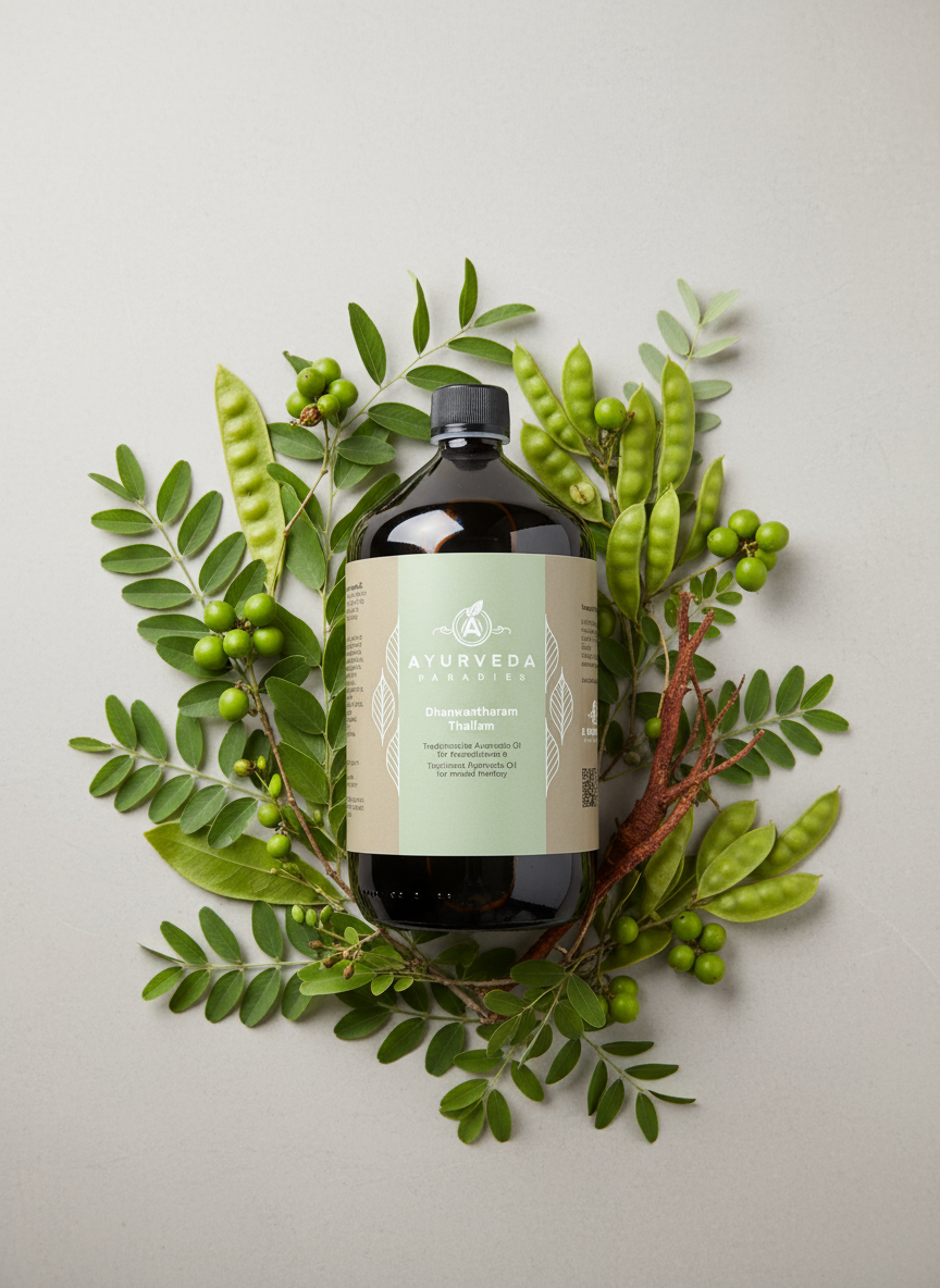 Premium Dhanwantharam Thailam (3-Dosha, all-round oil), 2DL & 1 liter glass bottles