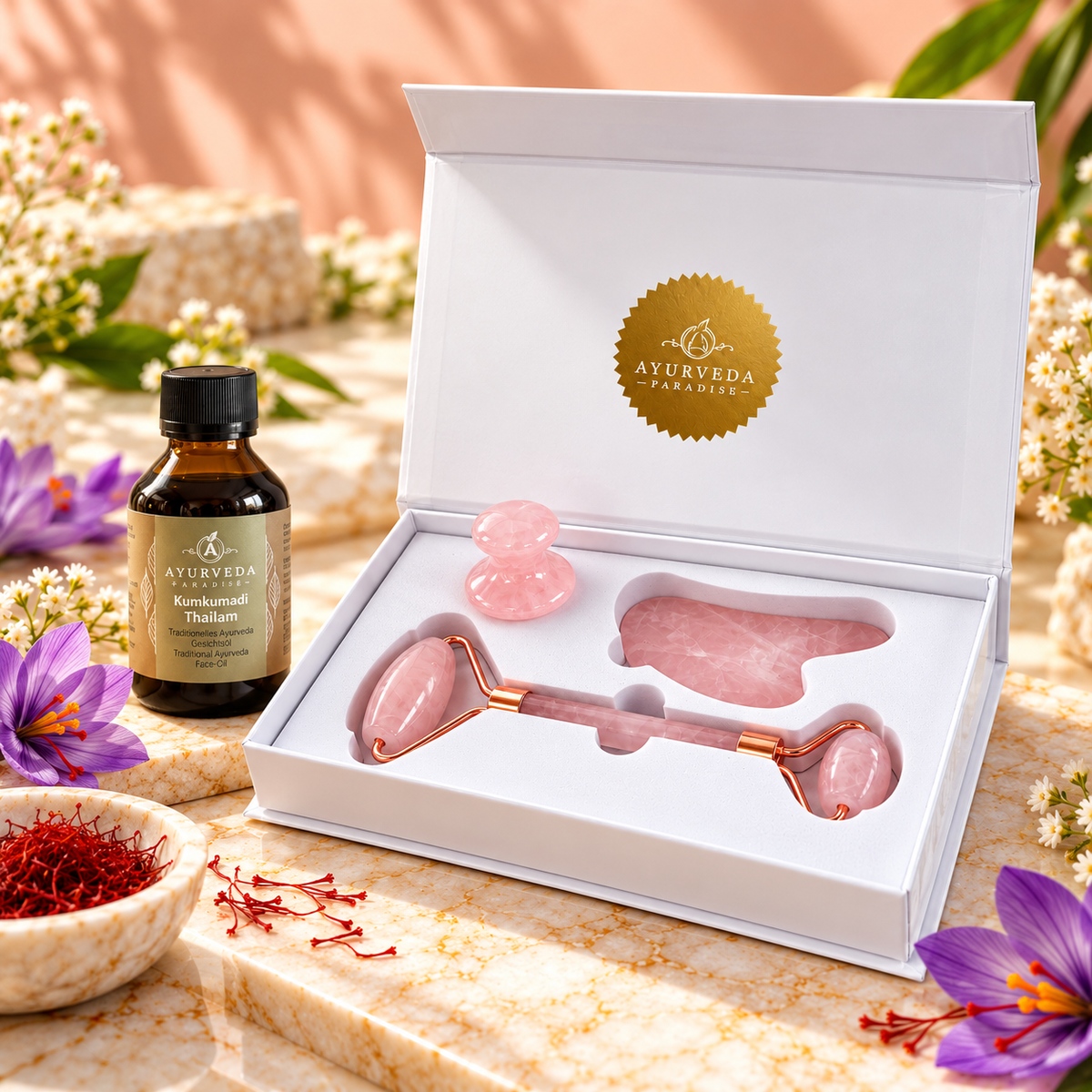 Ayurveda-Paradies Kumkumadi Thailam & Premium Rosenquarz Gesichtspflege-Set