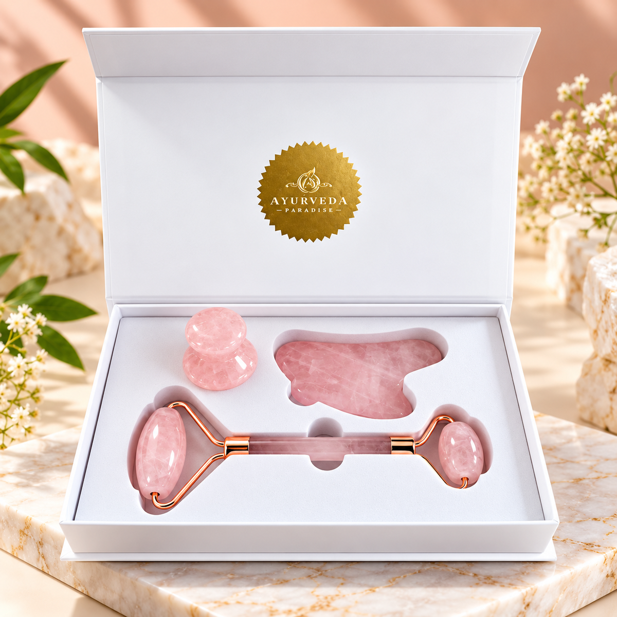 Ayurveda-Paradies Premium Rosenquarz Massage Set – 3-teilig