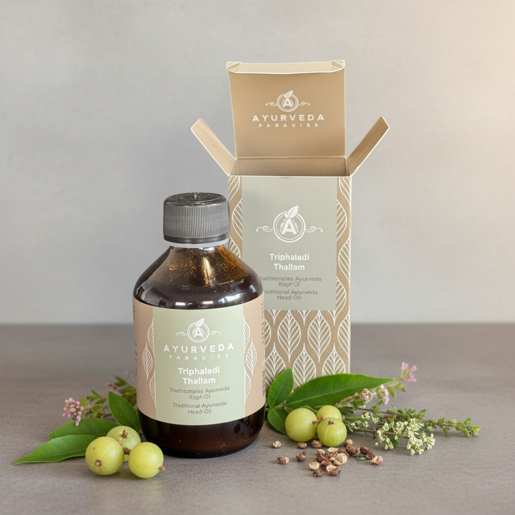 AYURVEDA-PARADIES Triphaladi Thailam, Medizinal Glasflasche