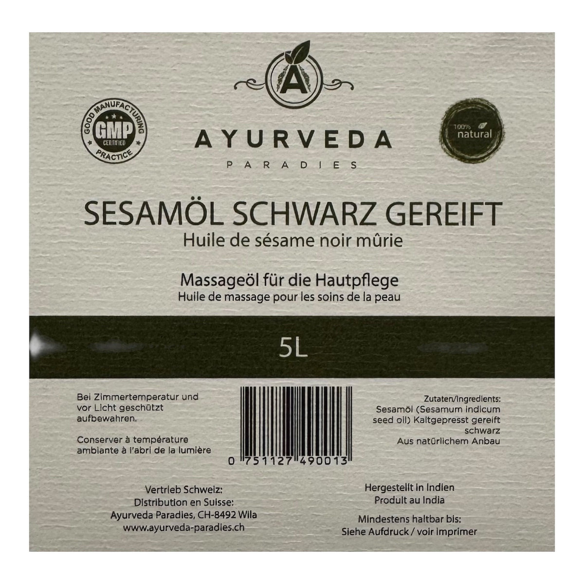 Premium Sesamöl Ayurveda Massage schwarz gereift, kalt gepresst: 5 Liter